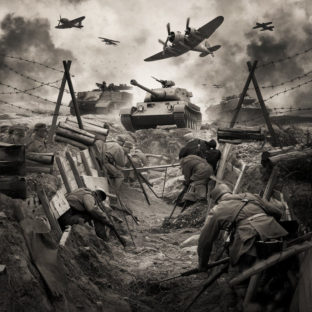 Dramatic black-and-white scene depicting soldiers, warplanes, and tanks, symbolizing the impact of World War I and World War II on modern history.