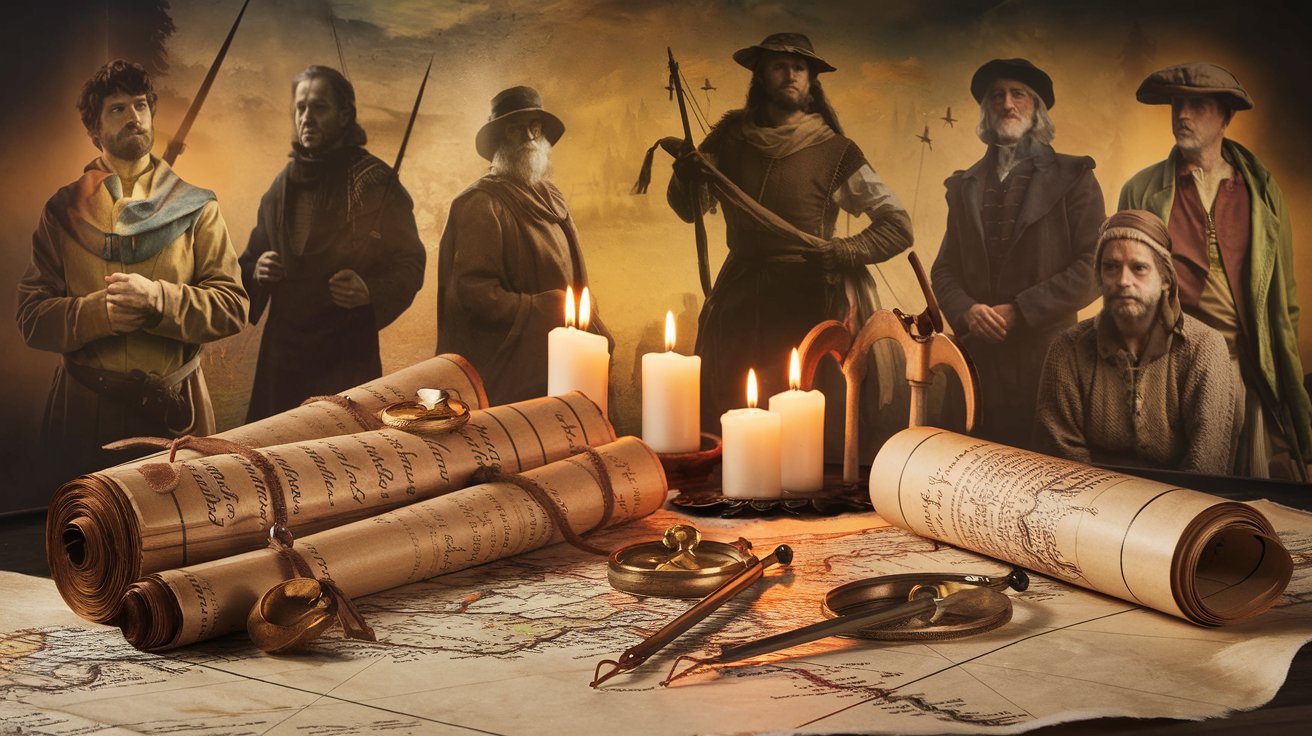 Mystical scene of ancient scrolls, compasses, and maps on a table, with historical figures subtly shown in the shadows, inviting viewers to explore world history.