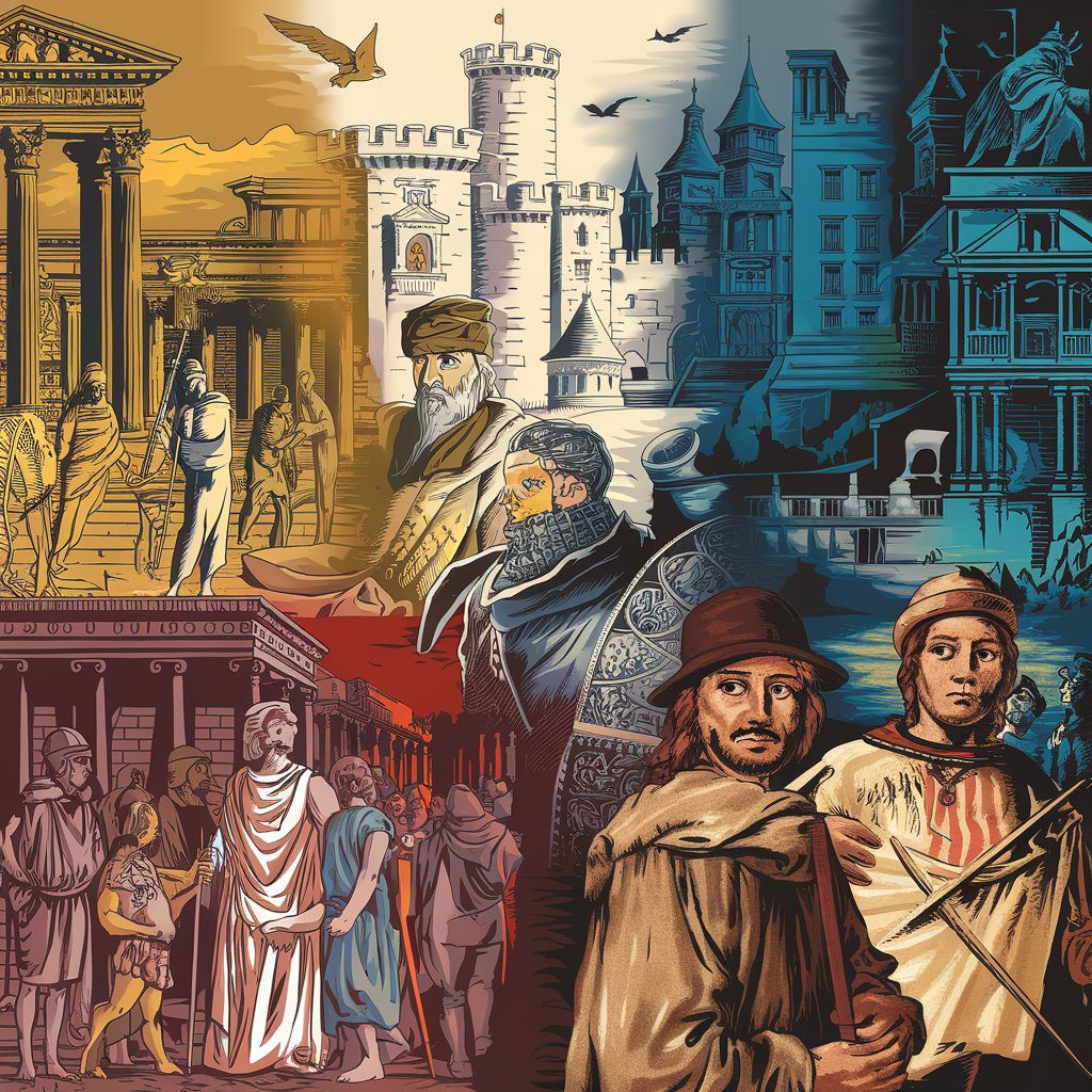 Illustration showing the transition of historical eras, from ancient Greece and Rome to medieval knights and renaissance explorers, symbolizing the shift through history.